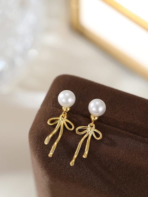 ES2584 [White +Gold] 925 Sterling Silver Imitation Pearl Butterfly Minimalist Drop Earring